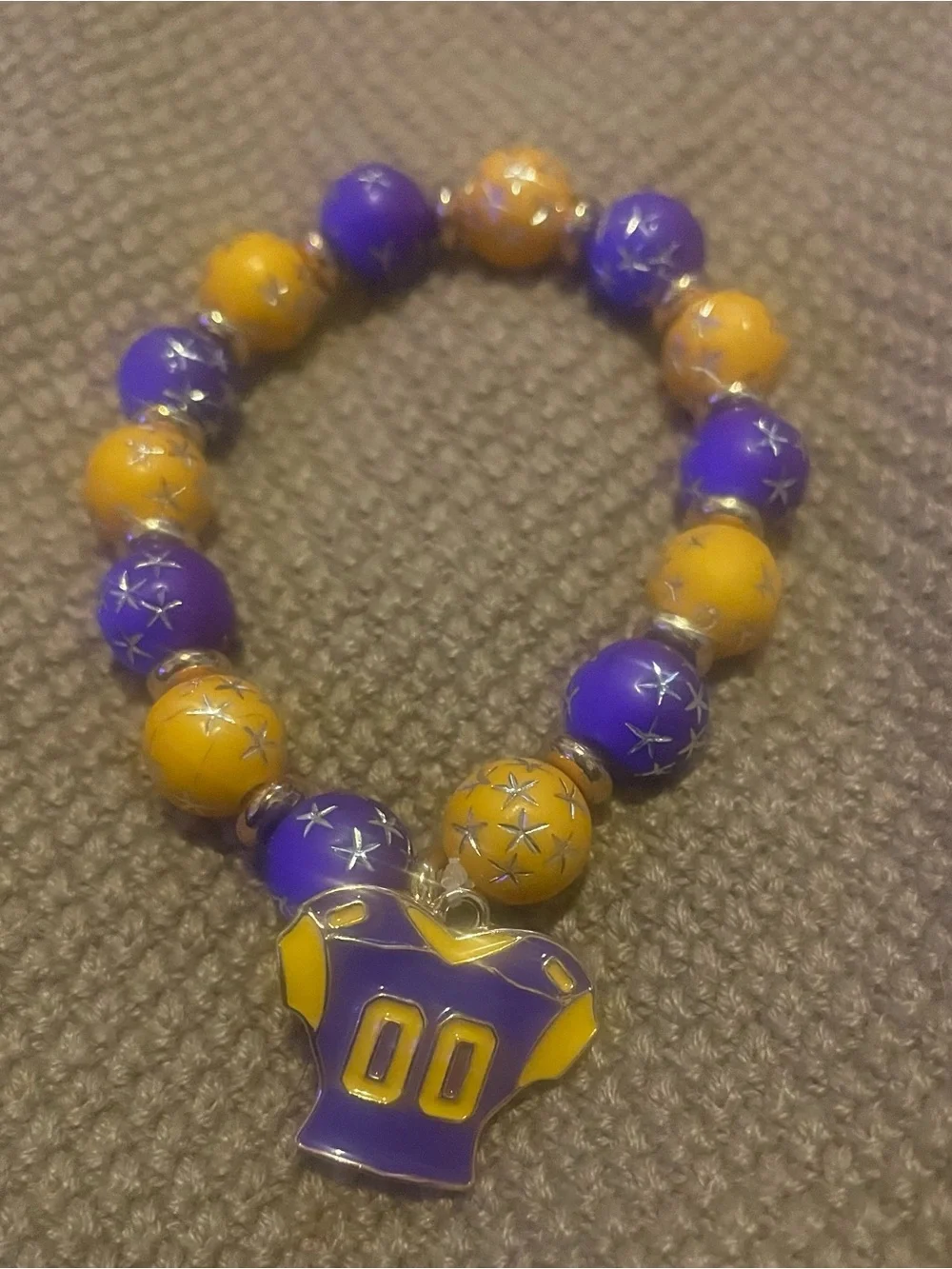 LSU Purple and Yellow Beaded Bracelet with Jersey Charm